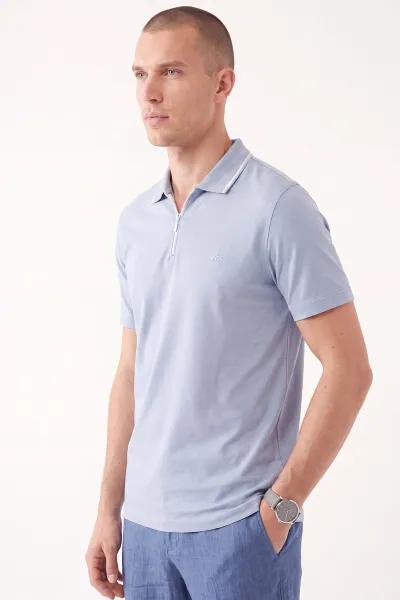 Bebe Mavisi Polo Yaka Yarım Fermuarlı Erkek Tişört 471706