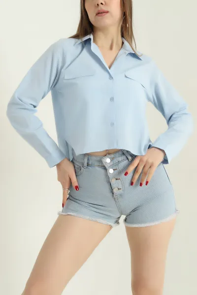 Bebe Mavisi Poplin Bayan Crop Gömlek 336966
