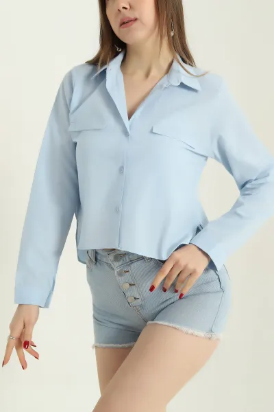 Bebe Mavisi Poplin Bayan Crop Gömlek 336966