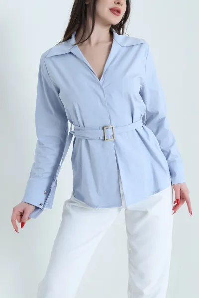 Bebe Mavisi Poplin Kruvaze Yaka Kadın Gömlek 442575