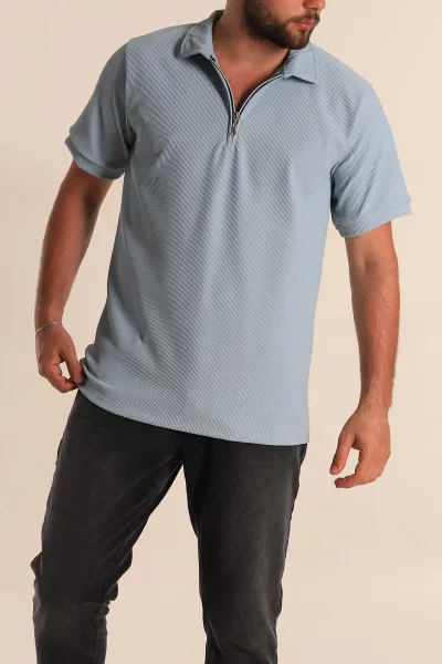 Bebe Mavisi Regular Fit Çizgi Dokulu Fermuarlı Polo Yaka Erkek Tişört 277169
