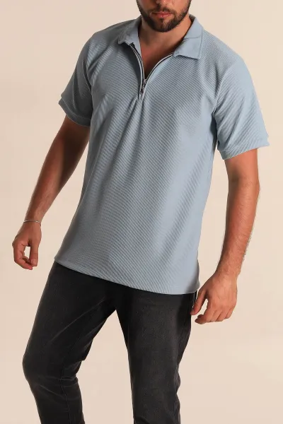 Bebe Mavisi Regular Fit Çizgi Dokulu Fermuarlı Polo Yaka Erkek Tişört 277169