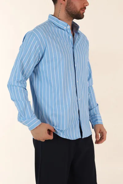 Bebe Mavisi Regular Fit Çizgili Ata Yaka Uzun Kollu Erkek Gömlek 369998