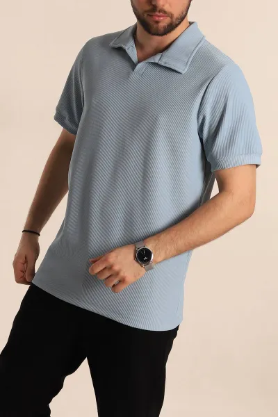 Bebe Mavisi Regular Fit Fitilli Doku Patlı Polo Yaka Erkek Tişört 270583