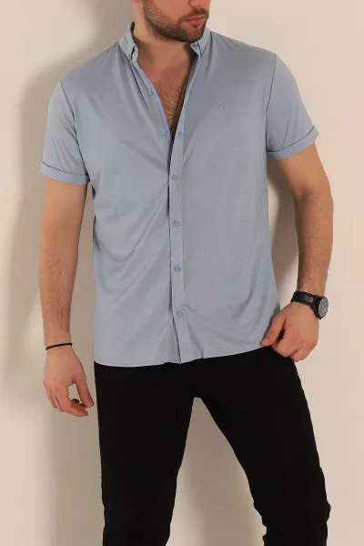 Bebe Mavisi Regular Fit Jakarlı Çıt Çıt Düğmeli Kısa Kollu Erkek Gömlek 267973