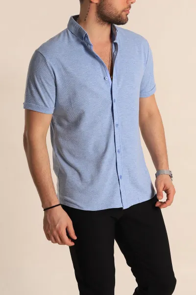 Bebe Mavisi Regular Fit Petek Dokulu Kısa Kollu Erkek Gömlek 263719