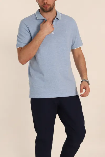 Bebe Mavisi Regular Fit Petek Dokulu Polo Yaka Erkek Tişört 349901