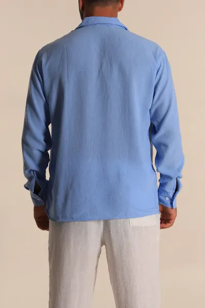 Bebe Mavisi Relaxed Fit Bambu Keten Apaş Yaka Erkek Gömlek 285495