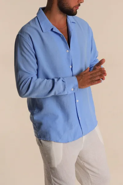 Bebe Mavisi Relaxed Fit Bambu Keten Apaş Yaka Erkek Gömlek 285495