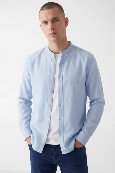 Bebe Mavisi Relaxed Fit Hakim Yaka Uzun Kollu Erkek Gömlek 445649