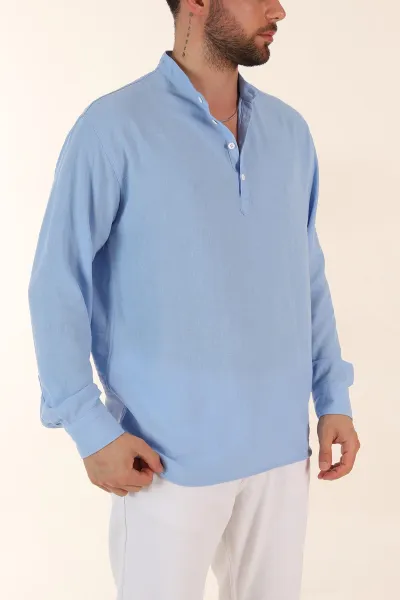Bebe Mavisi Relaxed Fit Hakim Yaka Yarım Düğmeli Erkek Gömlek 369859