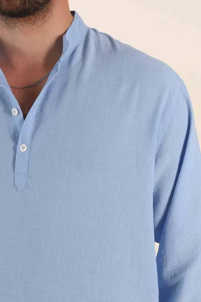 Bebe Mavisi Relaxed Fit Hakim Yaka Yarım Düğmeli Erkek Gömlek 369859