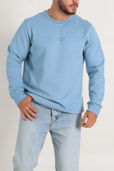 Bebe Mavisi Relaxed Fit İki İp Yazı Detaylı Basic Erkek Sweatshirt 299867