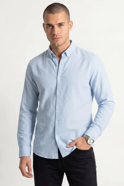 Bebe Mavisi Relaxed Fit Keten Ata Yaka Erkek Gömlek 445669