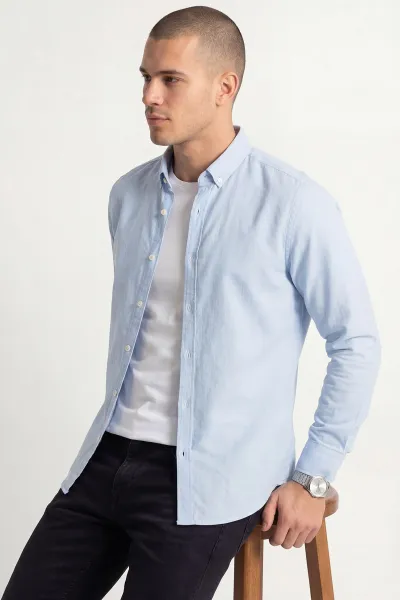 Bebe Mavisi Relaxed Fit Keten Ata Yaka Erkek Gömlek 445669
