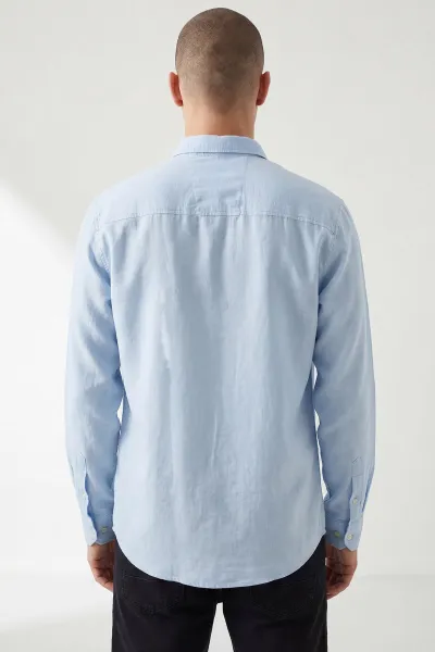 Bebe Mavisi Relaxed Fit Keten Ata Yaka Erkek Gömlek 445669