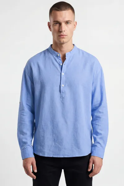 bebe-mavisi-relaxed-fit-keten-yarim-dugmeli-hakim-yaka-erkek-gomlek-435885