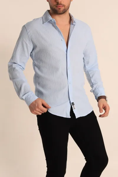Bebe Mavisi Relaxed Fit Kırınkıl Keten Erkek Gömlek 256995