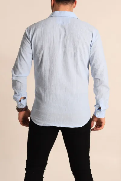 Bebe Mavisi Relaxed Fit Kırınkıl Keten Erkek Gömlek 256995
