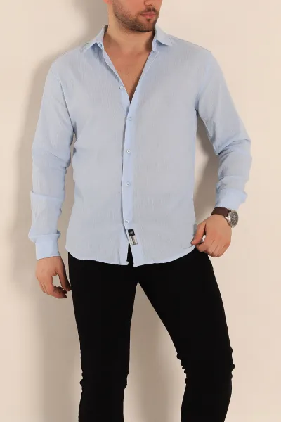 Bebe Mavisi Relaxed Fit Kırınkıl Keten Erkek Gömlek 256995