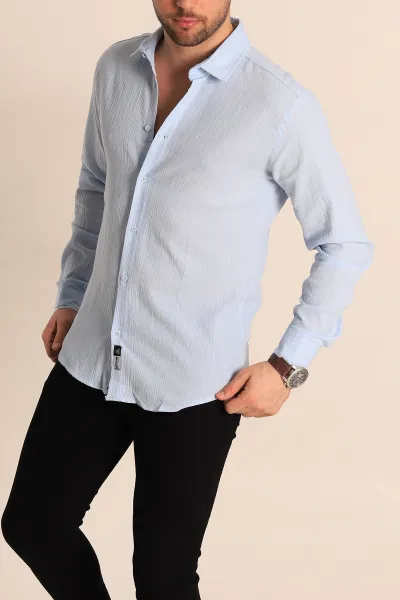 Bebe Mavisi Relaxed Fit Kırınkıl Keten Erkek Gömlek 256995