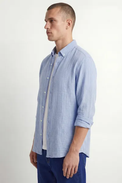 Bebe Mavisi Relaxed Fit Müslin Keten Ata Yaka Erkek Gömlek 435760