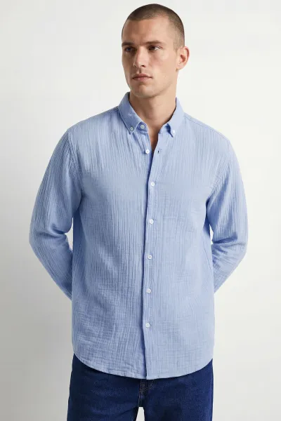 Bebe Mavisi Relaxed Fit Müslin Keten Ata Yaka Erkek Gömlek 435760