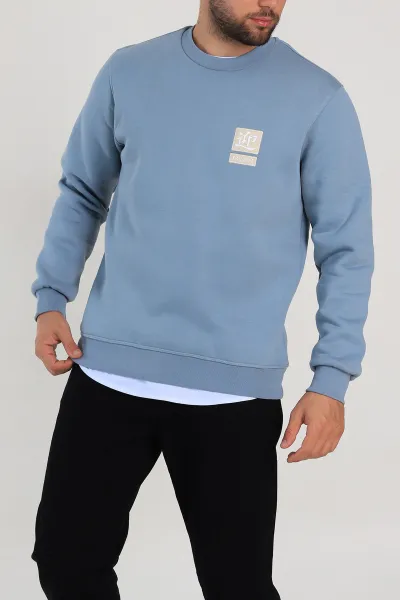 Bebe Mavisi Relaxed Fit Üç İp Şardonlu Kabartma Detaylı Erkek Sweatshirt 309884