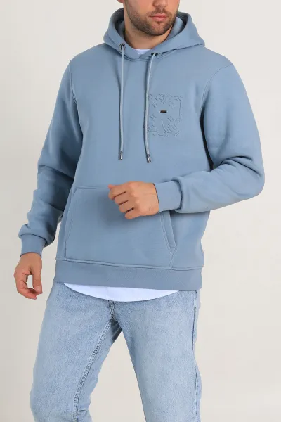 Bebe Mavisi Relaxed Fit Üç İp Şardonlu Kabartma Detaylı Erkek Sweatshirt 311131