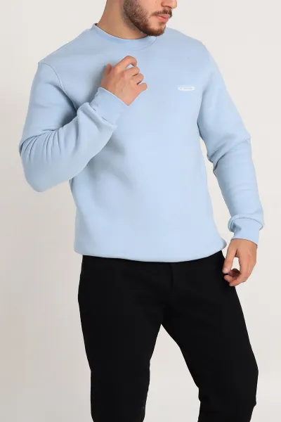 Bebe Mavisi Relaxed Fit Üç İp Şardonlu Kabartma Yazı Detay Erkek Sweatshirt 310413