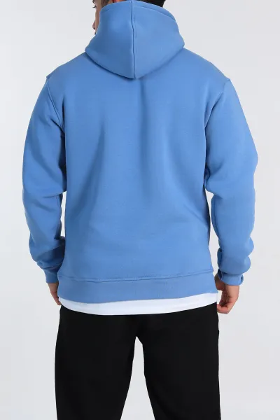 Bebe Mavisi Relaxed Fit Üç İp Şardonlu Kapüşonlu Basic Erkek Sweatshirt 331525