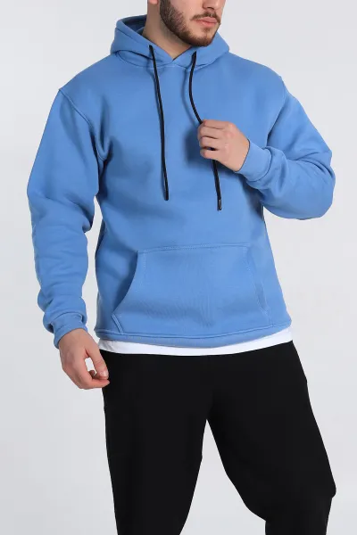 Bebe Mavisi Relaxed Fit Üç İp Şardonlu Kapüşonlu Basic Erkek Sweatshirt 331525