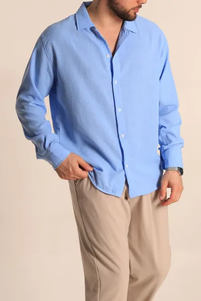 Bebe Mavisi Relaxed Fit Uzun Kollu Keten Erkek Gömlek 275529