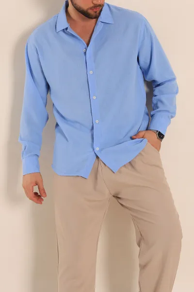 bebe-mavisi-relaxed-fit-uzun-kollu-keten-erkek-gomlek-275529