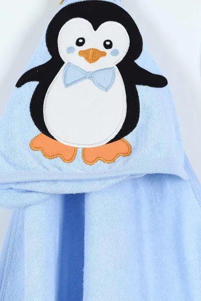Bebe Mavisi Renkli Penguen Nakışlı Çift Katlı Erkek Bebek Silgi Havlu 375519
