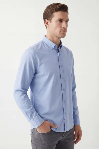 Bebe Mavisi Şambre Kumaş Relaxed Fit Erkek Gömlek 435912
