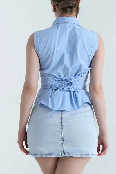 Bebe Mavisi Sırt Bağcıklı Poplin Kadın Gömlek 467757