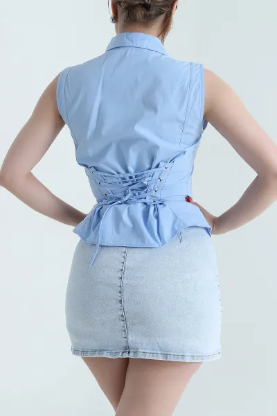 Bebe Mavisi Sırt Bağcıklı Poplin Kadın Gömlek 467757