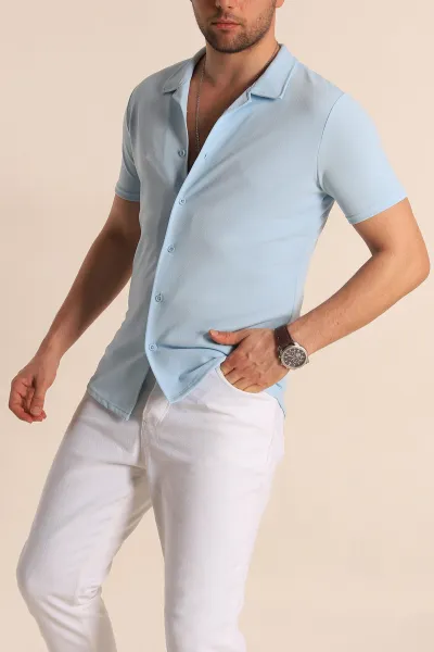 Bebe Mavisi Slim Fit Apaş Yaka Erkek Krep Gömlek 260931