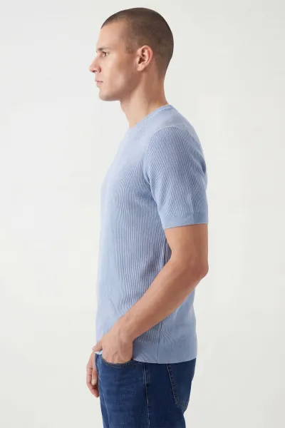 Bebe Mavisi Slim Fit Bisiklet Yaka Triko Erkek Tişört 449046
