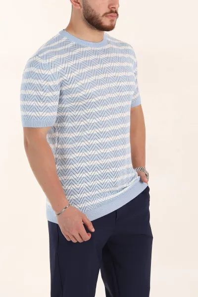 Bebe Mavisi Slim Fit Çizgili Bisiklet Yaka Erkek Triko Tişört 358314