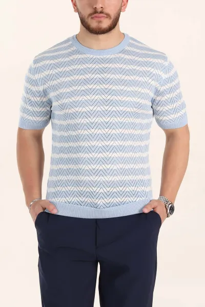 Bebe Mavisi Slim Fit Çizgili Bisiklet Yaka Erkek Triko Tişört 358314