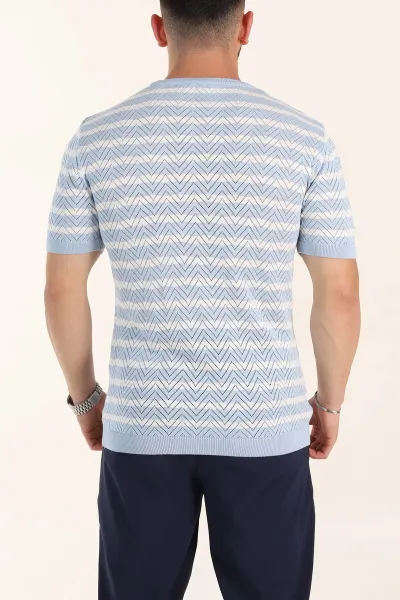 Bebe Mavisi Slim Fit Çizgili Bisiklet Yaka Erkek Triko Tişört 358314