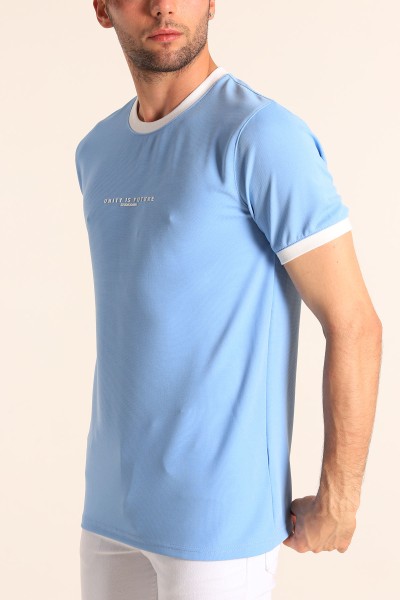 Bebe Mavisi Slim Fit Kabartma Yazılı Erkek Tişört 186802