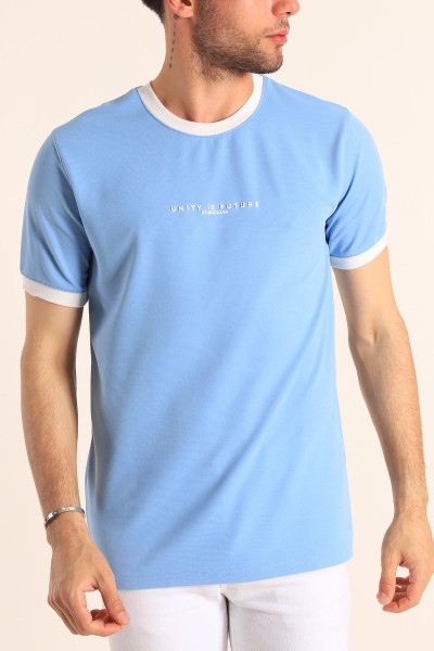 Bebe Mavisi Slim Fit Kabartma Yazılı Erkek Tişört 186802