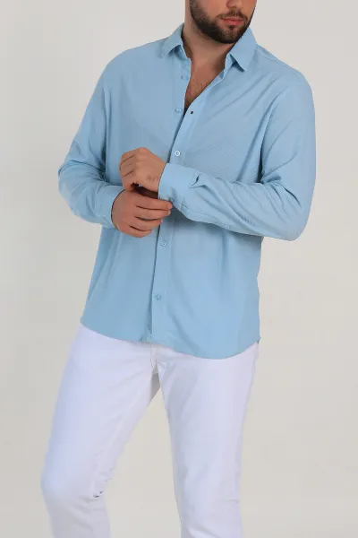 Bebe Mavisi Slim Fit Petek Dokulu Uzun Kollu Erkek Gömlek 325219