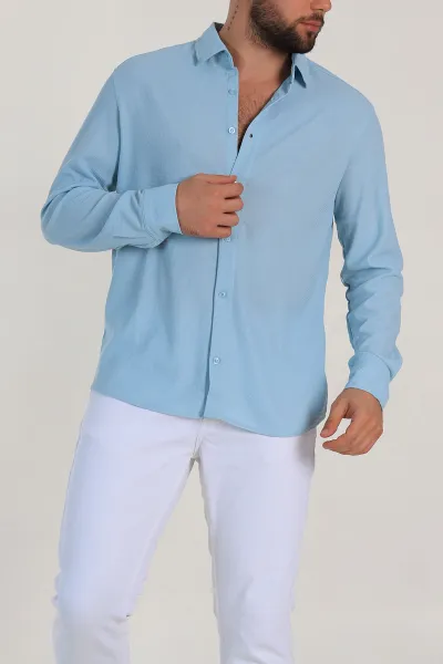 Bebe Mavisi Slim Fit Petek Dokulu Uzun Kollu Erkek Gömlek 325219