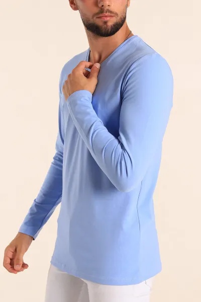 Bebe Mavisi Slim Fit V Yaka Likralı Basic Erkek Sweatshirt 234996