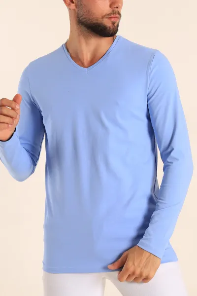 bebe-mavisi-slim-fit-v-yaka-likrali-basic-erkek-sweatshirt-234996