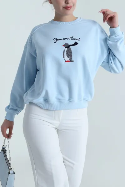 Bebe Mavisi Süzene Nakışlı Şardonsuz Üç İp Kadın Sweat 486605